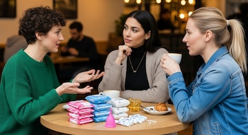 Tres mujeres sentadas alrededor de una mesa de madera en una cafetería, conversando. Sobre la mesa hay paquetes de toallas higiénicas, una copa menstrual rosa y tampones.