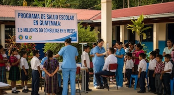 Vista exterior de una jornada médica escolar en Guatemala, con profesionales de la salud en uniformes azules atendiendo a niños y adultos frente a un cartel informativo.