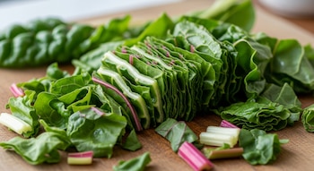 Primer plano de acelga cruda y recién cortada sobre una tabla de madera. Se aprecian sus hojas verdes intensas y tallos blancos y rojizos.
