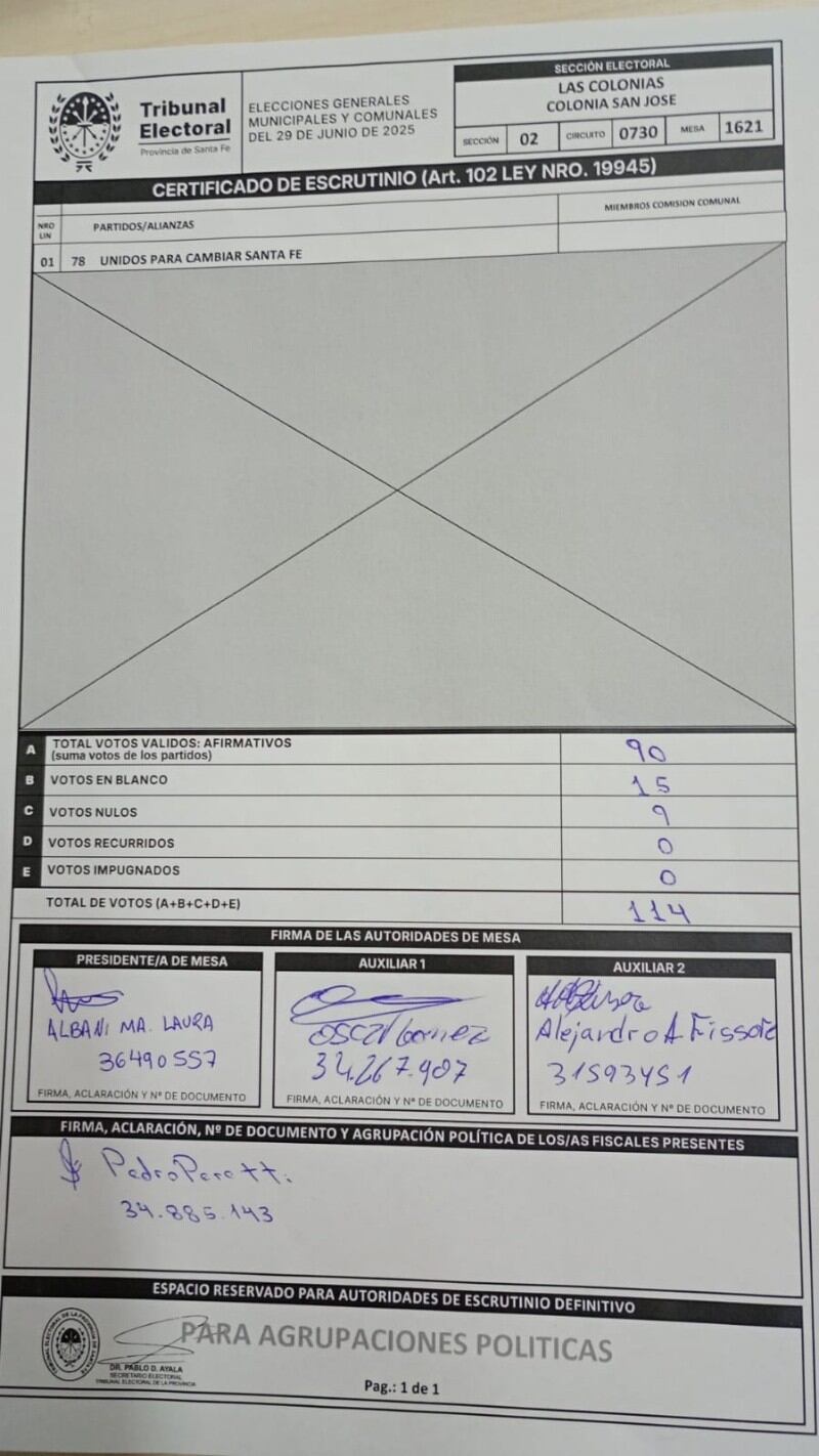 La boleta de las elecciones en la comuna Colonia San José (Rosario 3)