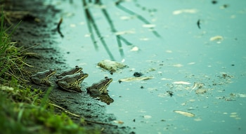 Cuatro ranas verdes y marrones sentadas en la orilla fangosa de un estanque con agua turbia, restos de basura y plantas acuáticas.