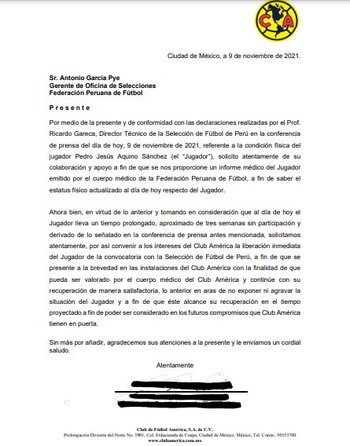 Carta del América de México
