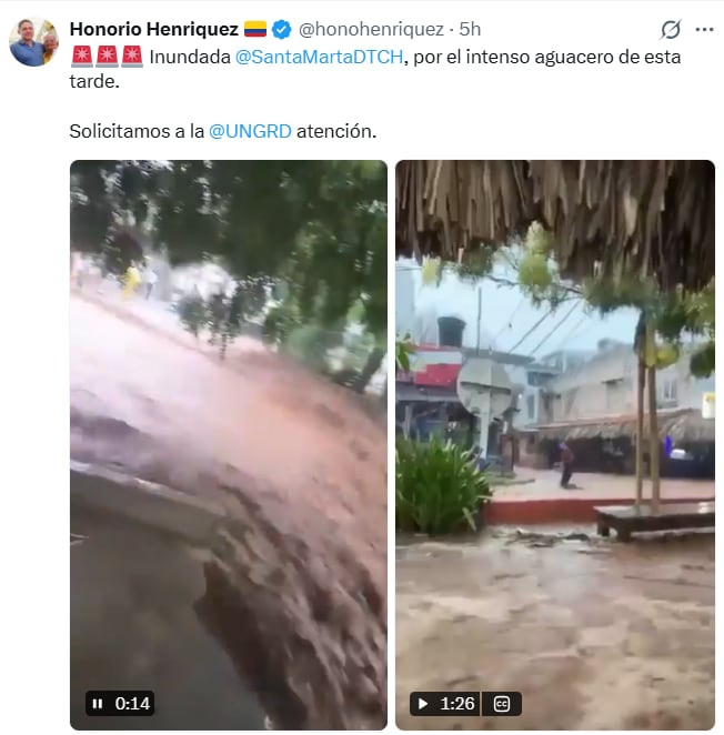 El presidente del Senado pidió a la Unidad Nacional para la UNGRD atender las afectaciones ocasionadas por las lluvias en Santa Marta. - crédito @honohenriquez/X
