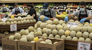 Empleados con mascarillas y guantes retiran melones cantalupo de exhibiciones y cajas en un supermercado. Hay carteles de 'RECALLED' y 'SALMONELLA RISK'.