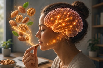 Perfil de una mujer que come una almendra, junto a una ilustración luminosa de un cerebro rodeada por nueces y almendras.