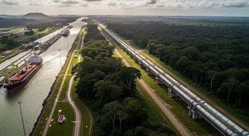 Vista aérea do Canal do Panamá com dois navios, vastos gasodutos cinzentos paralelos ao canal e vastas florestas tropicais sob um céu nublado.