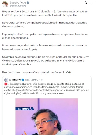 El primer mandatario sostuvo que el activista colombiano, junto a su compañero, fue desplazado en un avión de inmigrantes sin cadenas - crédito @petrogustavo/X