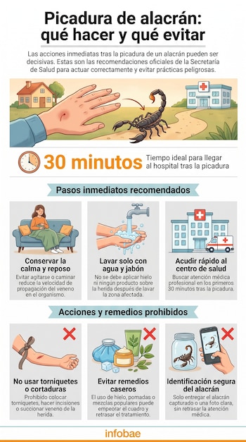Infografía ilustra qué hacer y qué evitar ante una picadura de alacrán, mostrando una mano picada, un alacrán, un hospital y pasos clave como lavar, reposar y buscar ayuda médica.