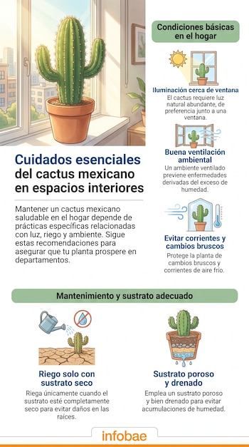 Infografía con ilustraciones de un cactus en maceta, ventanas, sol, viento, regadera, suelo seco, capas de sustrato y texto explicativo. Fuente Infobae.