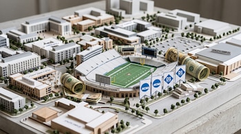 Maqueta a escala de un campus universitario con un estadio de fútbol americano, edificios, fajos de dólares y pancartas de la NCAA.