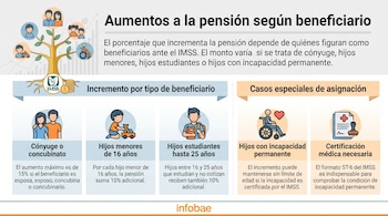 Infografía sobre aumento de pensión. Muestra el logo IMSS, un árbol, parejas, niños y personas con discapacidad, e información de porcentajes de incremento.