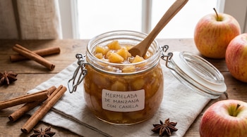 Frasco de vidrio abierto con mermelada de manzana y canela, una cuchara de madera, tres manzanas, palos de canela y anís estrellado sobre una mesa de madera.