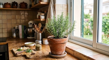 Maceta de barro con planta de romero en el alféizar, junto a una tabla con ajo, un cuchillo, aceite y un frasco sobre la encimera de madera.