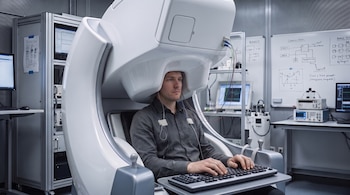 Un hombre joven sentado en una gran máquina de investigación cerebral blanca, con electrodos, cables, teclado, monitores y equipo de laboratorio.