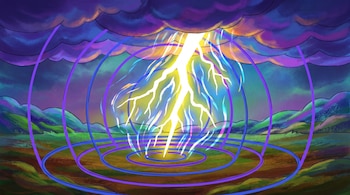 Ilustración de cielo con nubes oscuras, rayo brillante, anillos concéntricos azules y morados, y paisaje de colinas verdes y marrones.