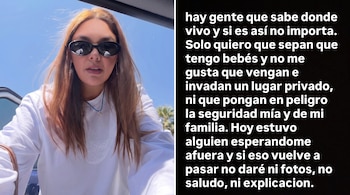 Imagen dividida con una mujer con gafas de sol a la izquierda y un texto en fondo negro sobre privacidad a la derecha.