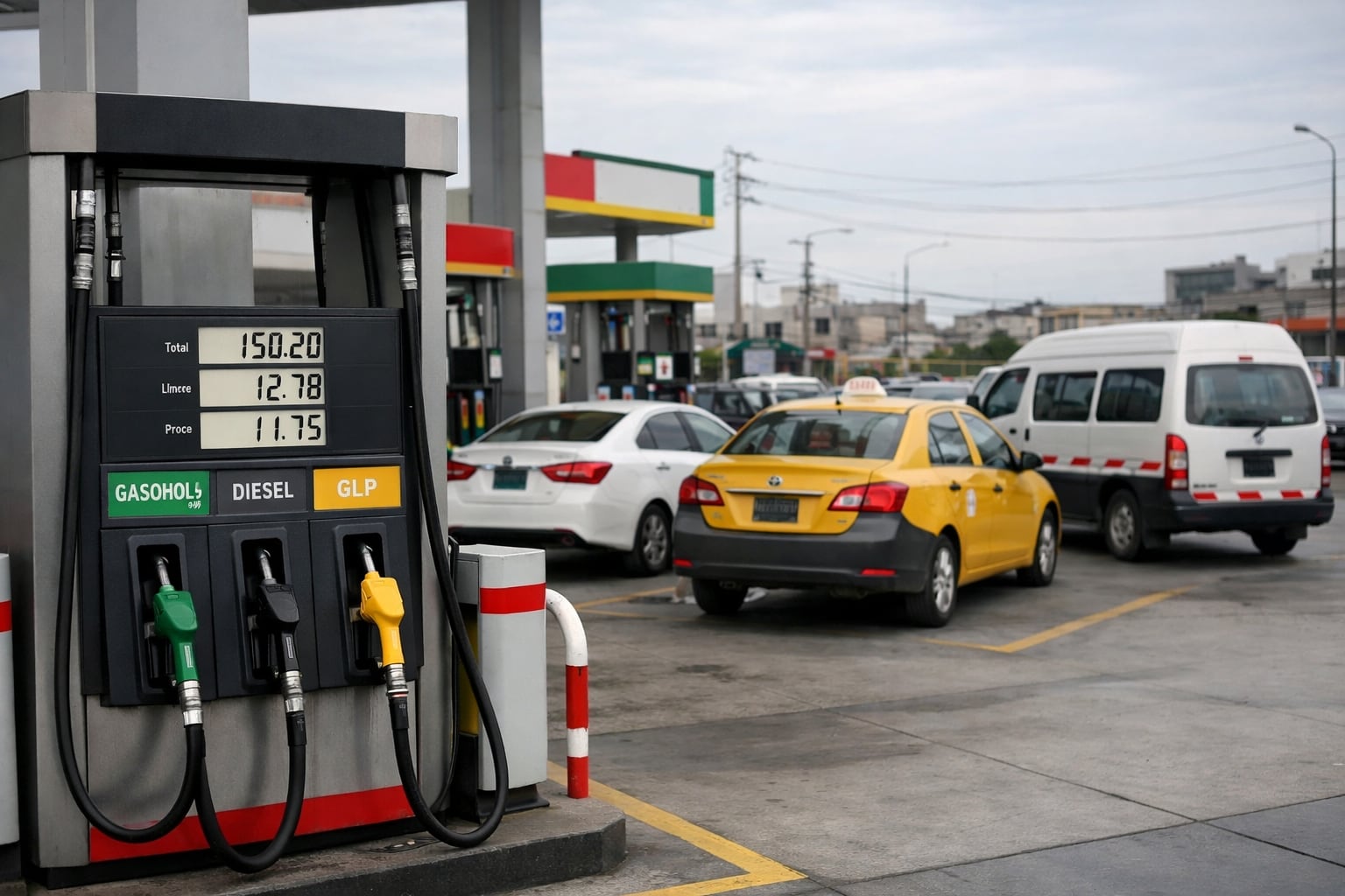 Una estación de servicio en Lima, Perú, muestra los precios del gasohol, diésel y GLP en soles mientras varios vehículos esperan para cargar combustible. (Imagen Ilustrativa Infobae)