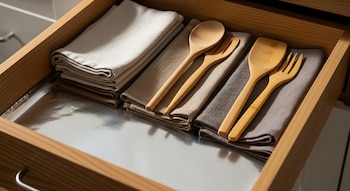 Cajón de cocina de madera claro con fondo de papel de aluminio brillante, contiene pilas de servilletas de lino beige y gris, y utensilios de madera.