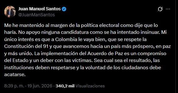 El expresidente Juan Manuel Santos reafirmó en su cuenta de X que no respalda ninguna candidatura y pidió respetar la Constitución, la voluntad ciudadana y el Acuerdo de Paz - crédito Juan Manuel Santos/X