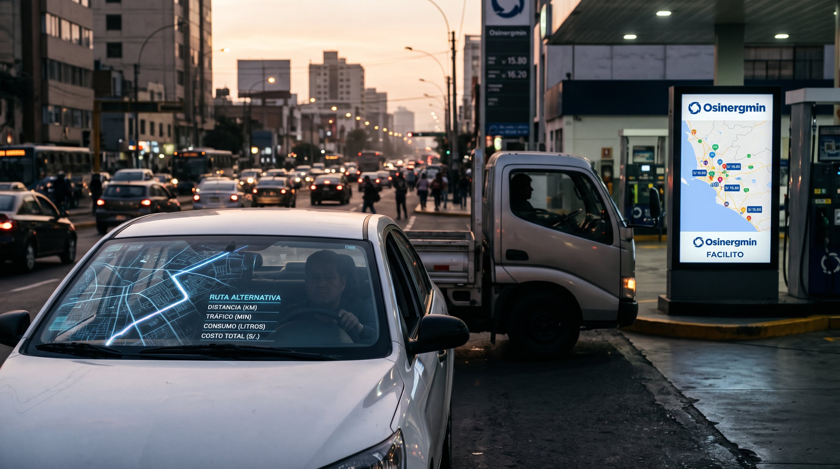 Un conductor evalúa una ruta alternativa frente a una estación con información del aplicativo Facilito de Osinergmin para calcular el gasto total de combustible en Lima. (Imagen Ilustrativa Infobae)