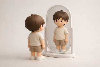 Una ilustración 3D muestra una figura infantil de espaldas frente a un espejo ovalado. Su reflejo, ligeramente más maduro, lo mira de frente en un fondo neutro.