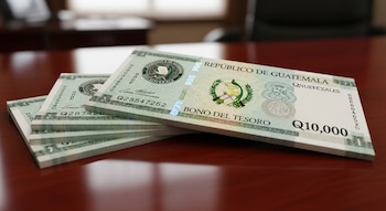 Primer plano de pilas de bonos del tesoro de Guatemala en denominación de Q10,000 sobre una mesa de madera oscura y pulida en una oficina.