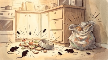 Interior de una cocina con restos de comida en el suelo, un plato de mascota volcado, una bolsa de basura abierta, cuatro ratones y seis cucarachas.