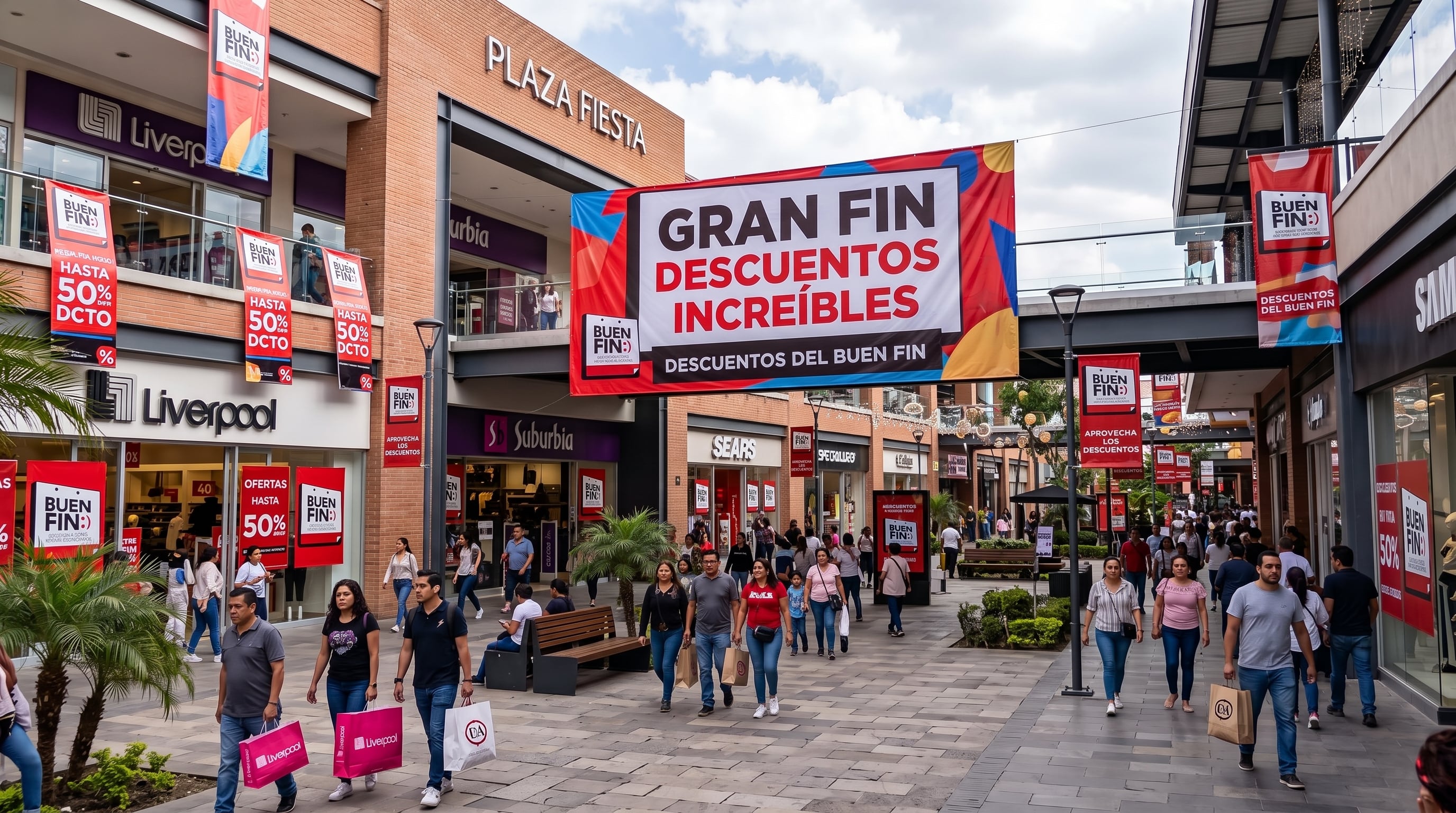 Varias personas caminan con bolsas de compras frente a las tiendas de un centro comercial decorado con pancartas de la campaña de descuentos del Buen Fin. (Imagen Ilustrativa Infobae)
