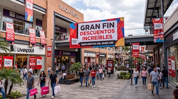 Transeúntes con bolsas de compras caminan por el pasillo de un centro comercial con grandes letreros rojos y blancos de promociones.