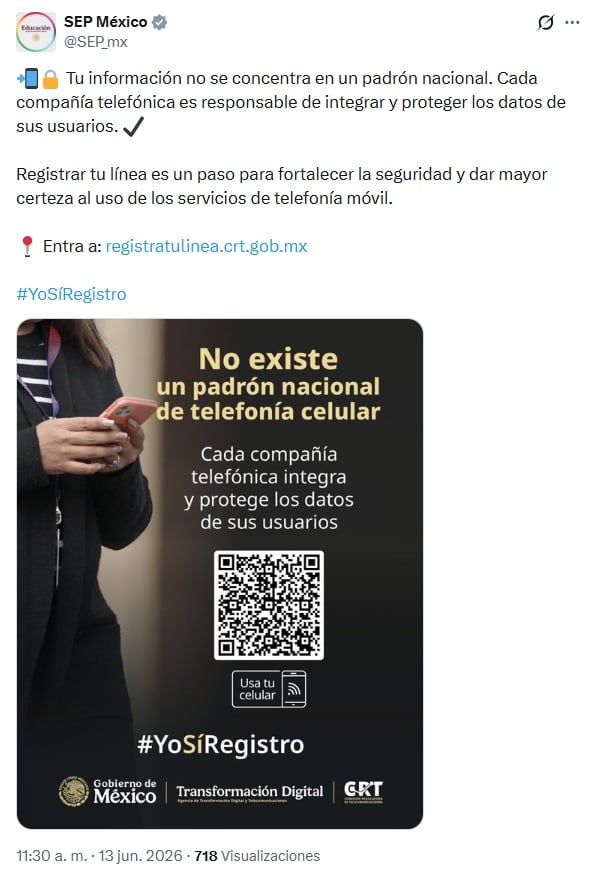 El mensaje fue respaldado por la Agencia de Transformación Digital y Telecomunicaciones y por la Comisión Reguladora de Telecomunicaciones (CRT), instituciones que aparecen como emisoras de la campaña. (Captura de pantalla/ Gobierno de México)
