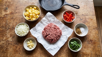 Carne molida sobre papel blanco, patatas en cubos, cebolla picada, ajos picados, pimiento rojo, cilantro, comino, sal y sartén de hierro sobre una mesa de madera.