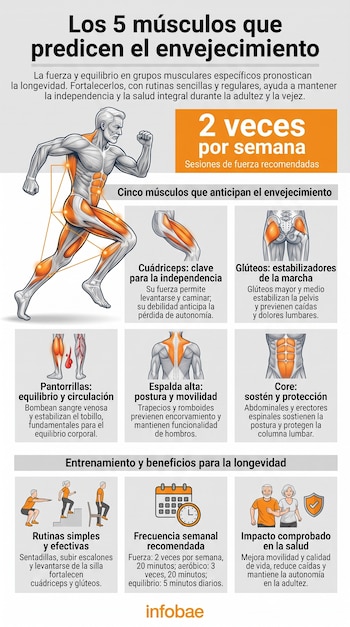 Infografía sobre músculos que predicen el envejecimiento. Incluye cuerpo humano con músculos resaltados, diagramas de músculos, ejercicios y logo Infobae.