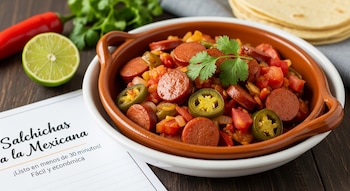 Un platillo de Salchichas a la Mexicana en un tazón de cerámica, con rodajas de salchicha, jalapeños, tomates y cilantro. Al lado, una lima, chile rojo y tortillas.