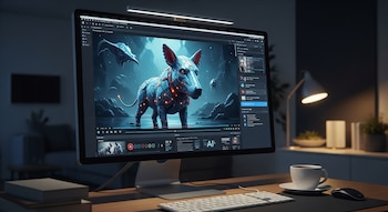 Monitor de computadora con video de animal digital y software de edición. Teclado, ratón, taza de café, libros y lámpara en escritorio de madera.