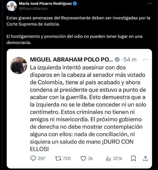 La publicación de María José Pizarro en el que pidió investigar a Polo Polo por sus declaraciones - crédito @PizarroMariaJo/X