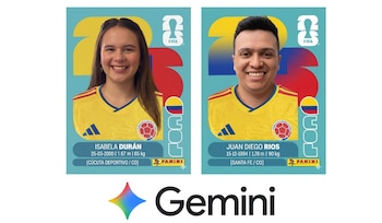 Dos cromos digitales muestran a Isabela Durán y Juan Diego Ríos sonriendo, vistiendo camisetas de Colombia, con logos FIFA y Gemini en un fondo azul claro