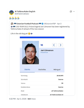 Confirmação do retorno de Jari Litmanen ao futebol