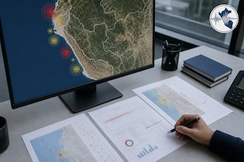 Una pantalla muestra el mapa de la costa de Perú con marcadores sísmicos junto a informes en papel y una mano con un bolígrafo.