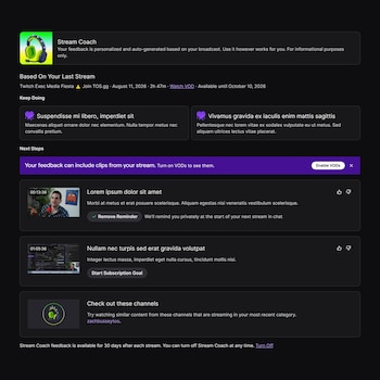 Captura de interfaz digital sobre fondo oscuro con el encabezado Stream Coach, cuadros de texto en latín y miniaturas de vídeo