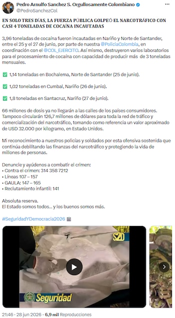 Operativos coordinados permiten a la Policía y el Ejército incautar cocaína y afectar finanzas criminales - crédito @PedroSanchezCol/X