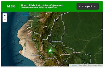 Mapa geográfico con un marcador con forma de estrella verde que indica la ubicación de un sismo y un encabezado verde con datos de magnitud