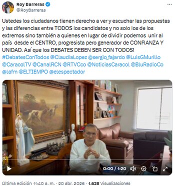 Roy Barreras exigió inclusión de todos los candidatos en los debates y pidió representación del centro político - crédito @RoyBarreras/X