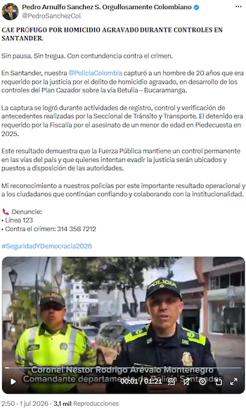 Ministro de Defensa destacó captura de prófugo y reforzó mensaje de control permanente en las carreteras - crédito @PedroSanchezCol/X