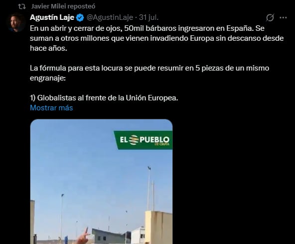 La lectura sobre la política migratoria europea publicada por Agustín Laje y reposteada por Javier Milei
