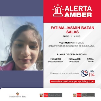 Póster de Alerta Amber con foto de niña, datos de desaparición y logos del Gobierno del Perú, Ministerio del Interior y Ministerio de la Mujer