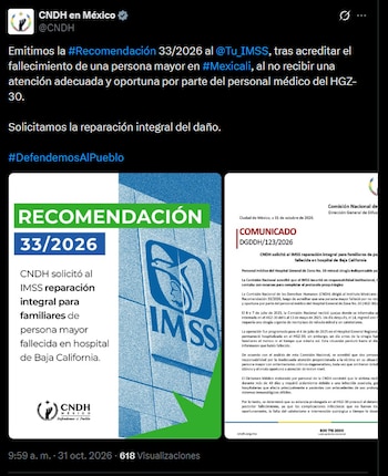 CNDH emite recomendación por adulto mayor fallecido en IMSS de Baja California por mala atención médica y falta de recursos
