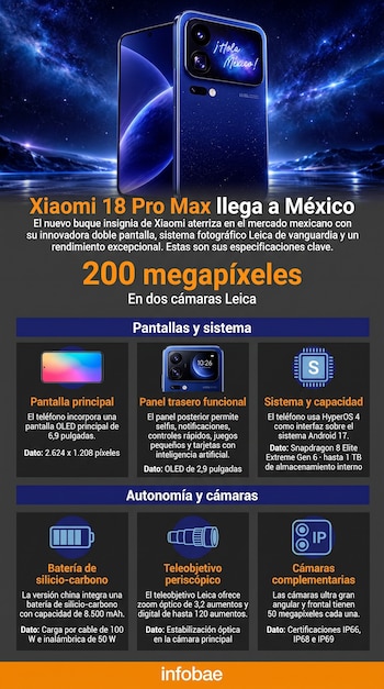 Infografía con imágenes del teléfono Xiaomi 18 Pro Max y texto explicativo sobre sus especificaciones en recuadros negros sobre fondo azul.