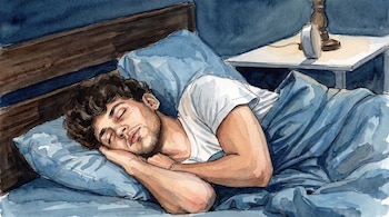 Ilustración en acuarela de un hombre de cabello rizado durmiendo en una cama con almohada azul junto a una lámpara y un reloj.