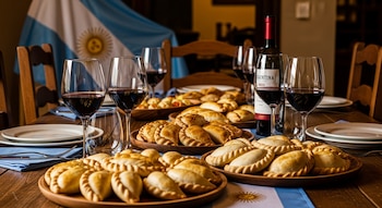Mesa de madera con tres platos de empanadas, una botella de vino tinto y cuatro copas llenas. Al fondo hay una bandera de Argentina.