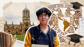 Collage de un estudiante sonriente con gafas y chaqueta deportiva. Al fondo, la Universidad de Oxford, el escudo de la UNAM, libros y un examen.
